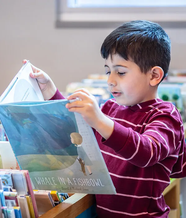 Young boy reading book